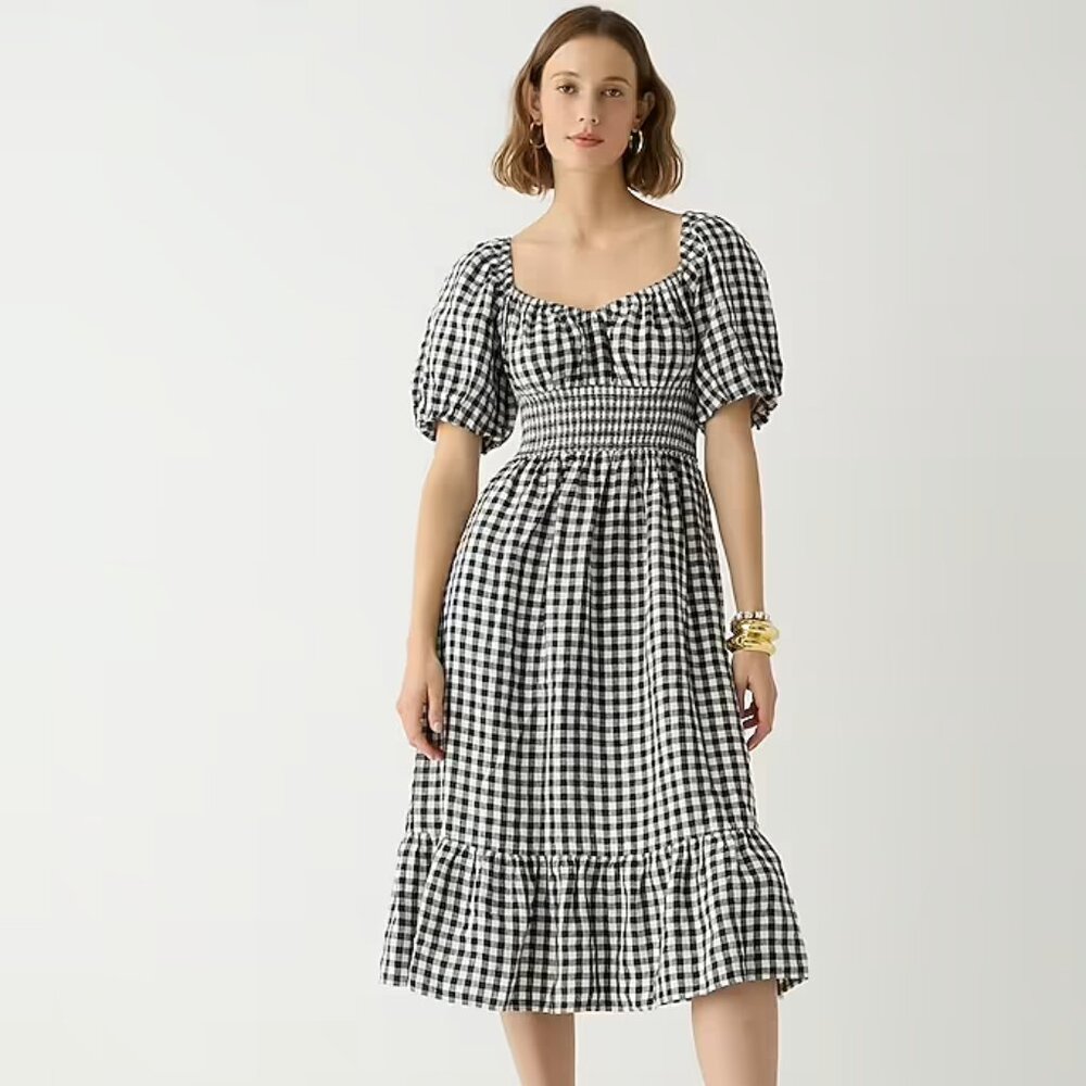 J.Crew Smocked-waist puff-sleeve midi dress in gingham linen (NWT)